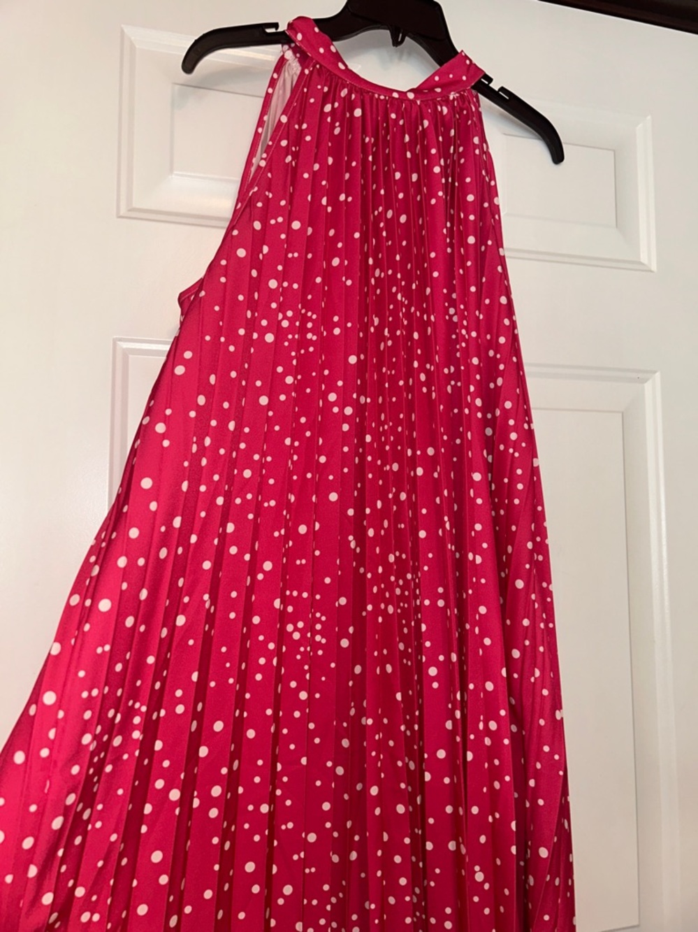 Polka Dot Halter A-Line Dress L Bubble Gum Pink NWOT Barbie Pleated Loose Flirty - Picture 2 of 8